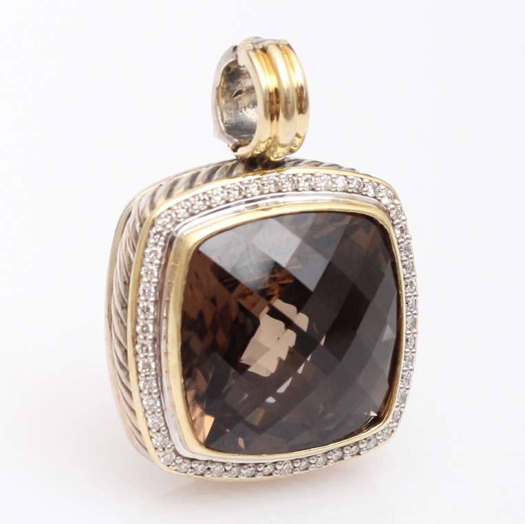David Yurman 18K Gold, Sterling, Brown Quartz and Diamond Pendant