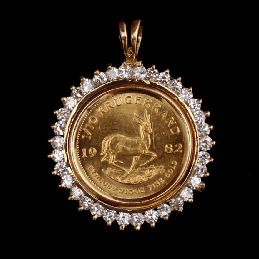 1982 Krugerrand 1/10 Gold Coin Set in 14K Yellow Gold and 1982 Krugerrand 1/10 Gold Coin Set in 14K Yellow Gold and