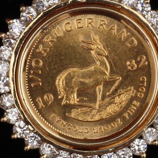 1982 Krugerrand 1/10 Gold Coin Set in 14K Yellow Gold and Diamond Pendant