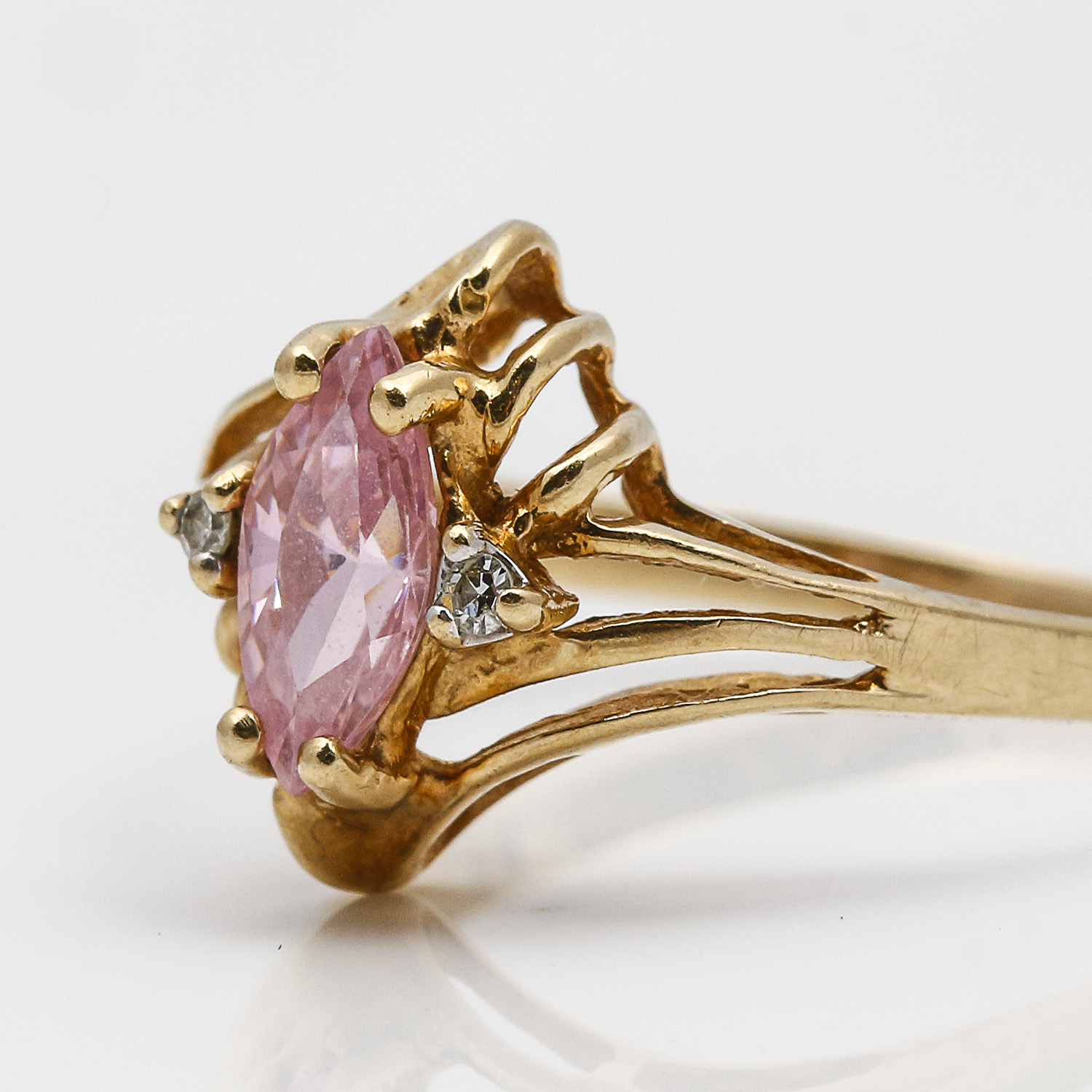 10K Yellow Gold Pink Zircon and Diamond Ring