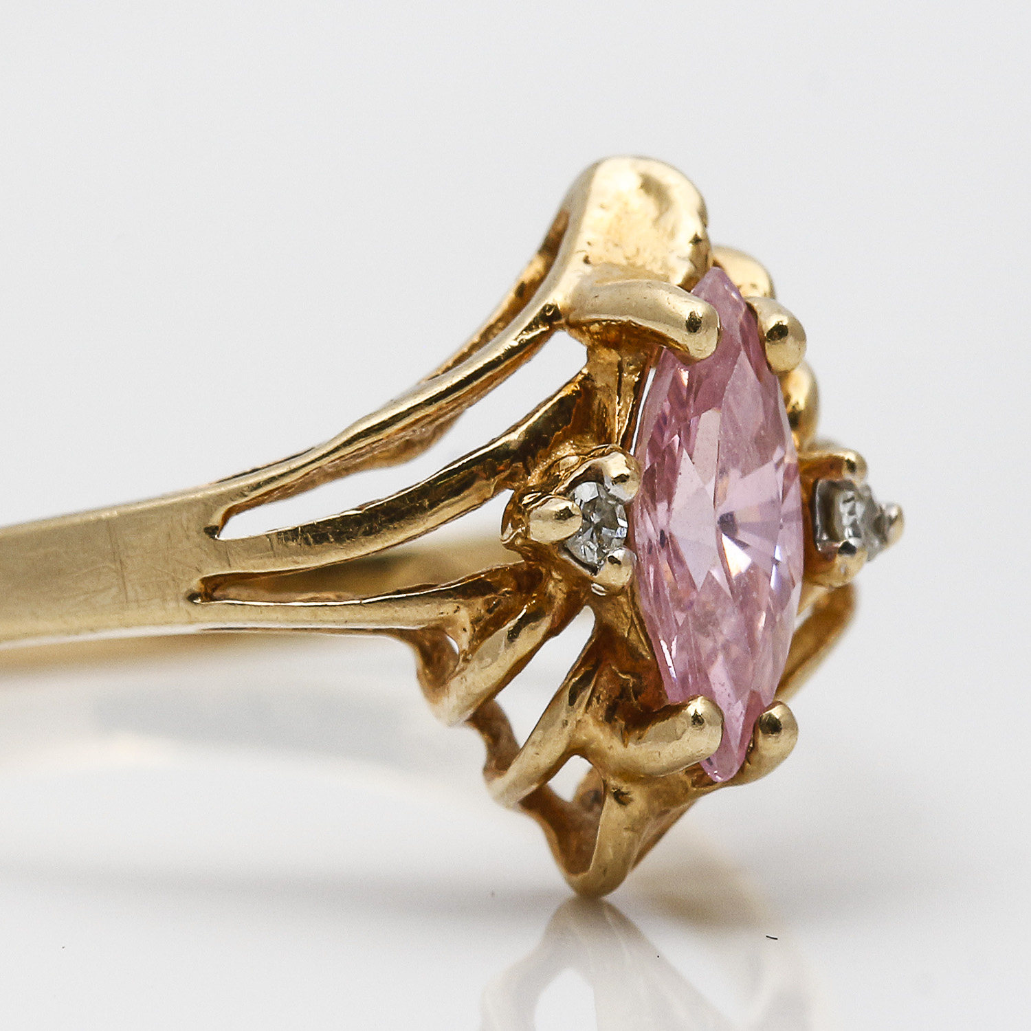 10K Yellow Gold Pink Zircon and Diamond Ring