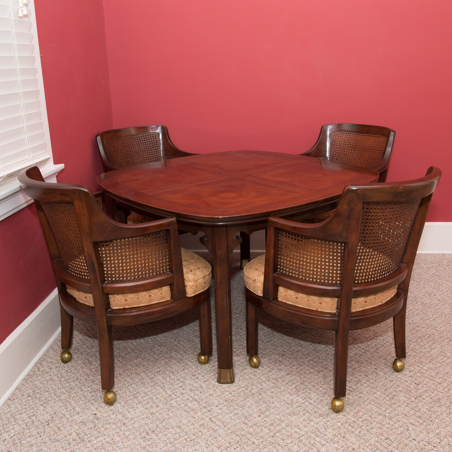 Inlaid-Top Game/Dining Table and Four Cane-Backed Club Chairs