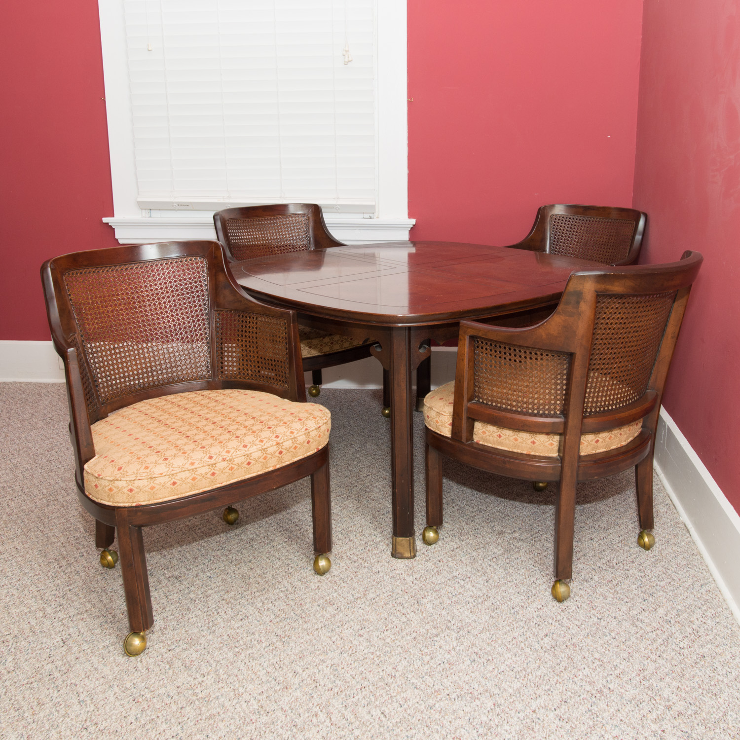 Inlaid-Top Game/Dining Table and Four Cane-Backed Club Chairs