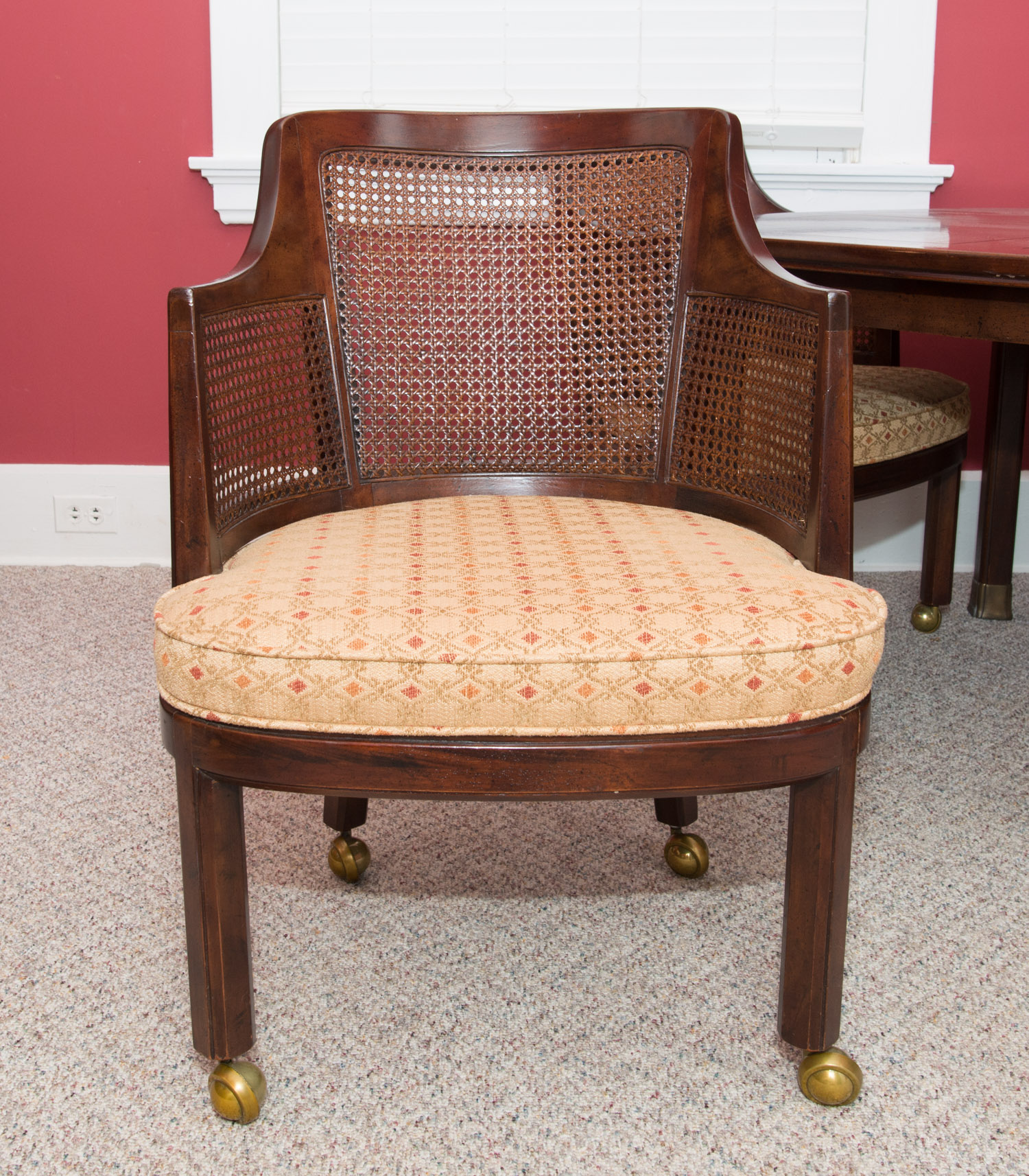 Inlaid-Top Game/Dining Table and Four Cane-Backed Club Chairs