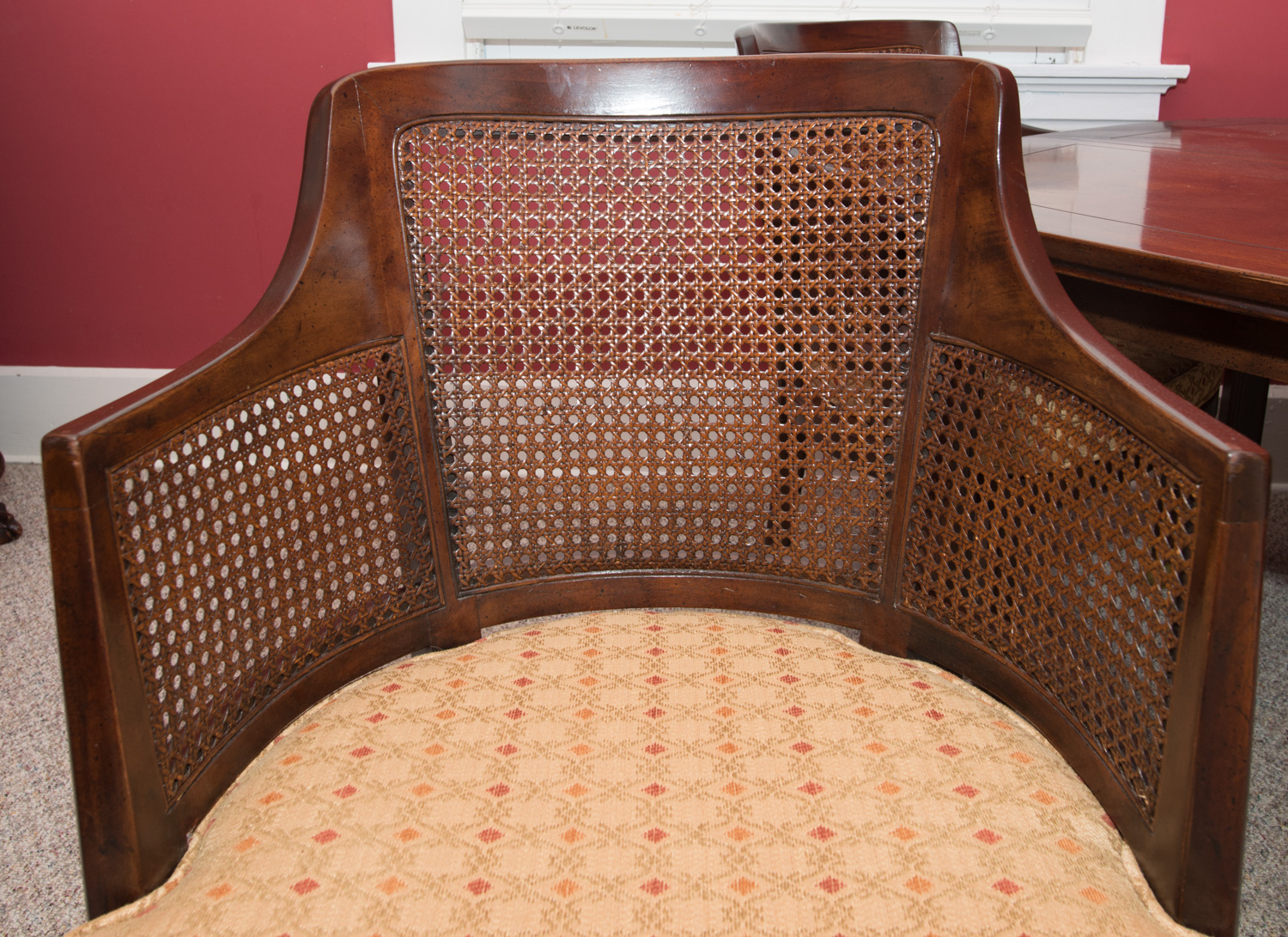 Inlaid-Top Game/Dining Table and Four Cane-Backed Club Chairs