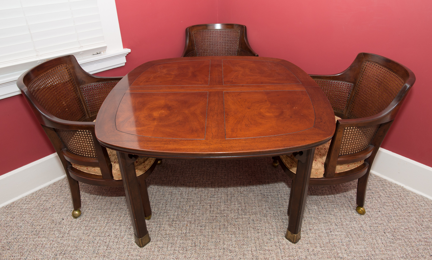 Inlaid-Top Game/Dining Table and Four Cane-Backed Club Chairs