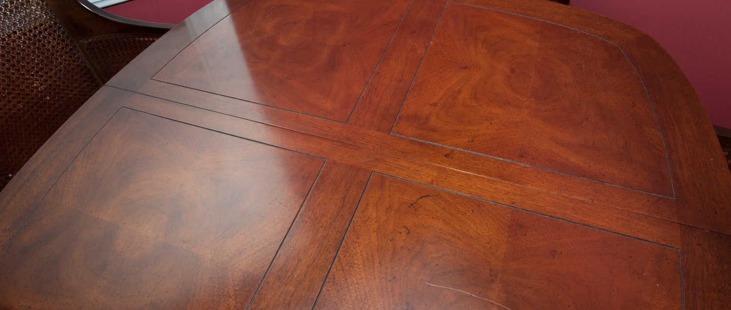 Inlaid-Top Game/Dining Table and Four Cane-Backed Club Chairs