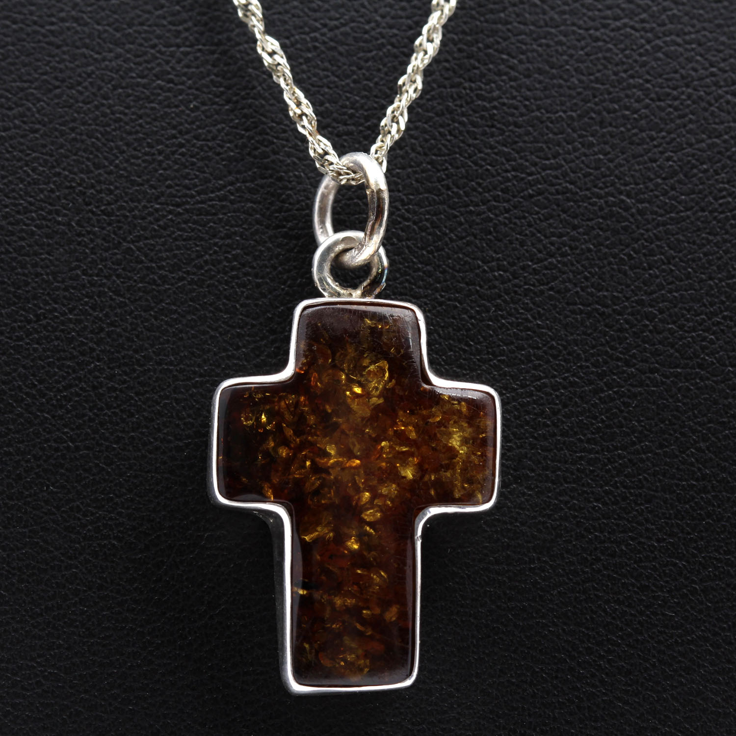 Sterling Silver and Amber Cross Pendant Necklace