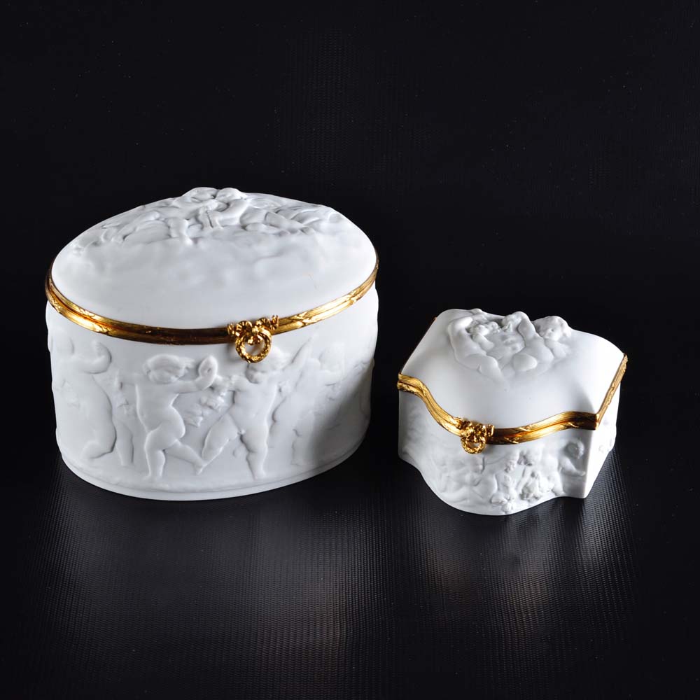 Pair of Coquet Limoges Biscuit Porcelain Dresser Boxes
