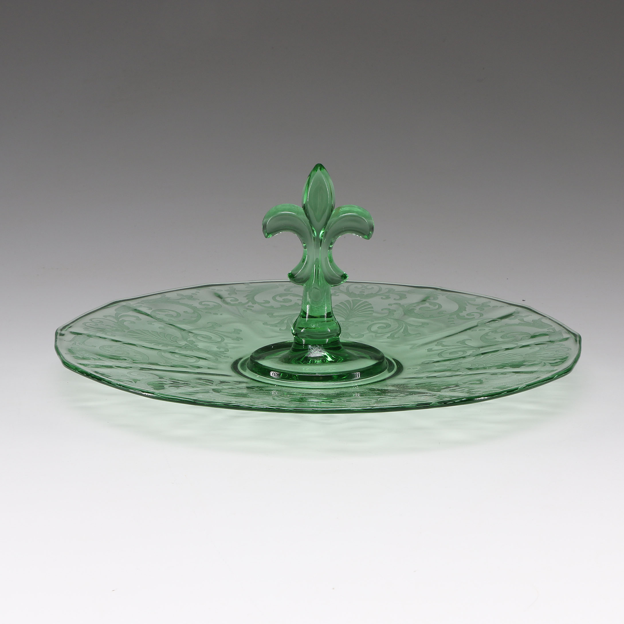 Vintage Green Depression Glass Handled Sandwich Plate