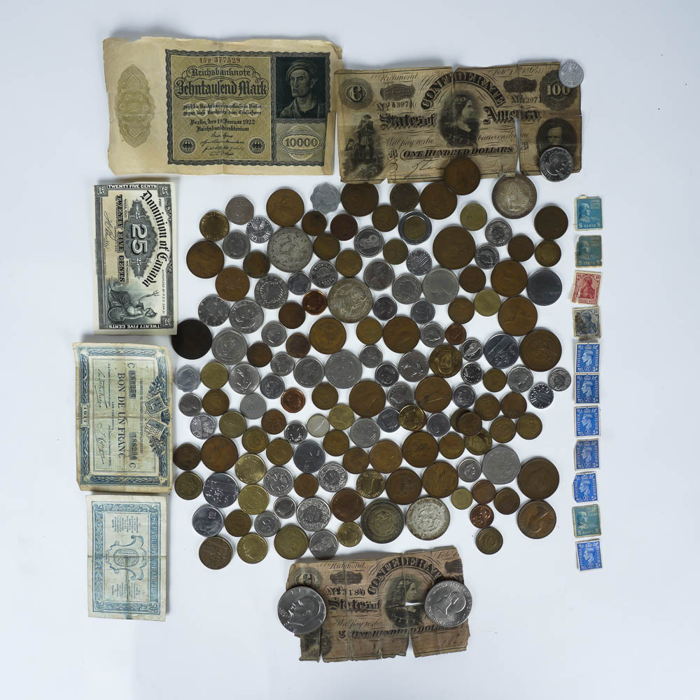 Large Assortment of Coins, Currency and Stamps