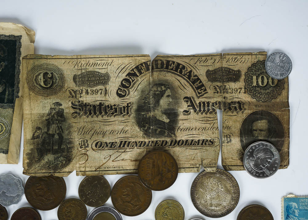 Large Assortment of Coins, Currency and Stamps