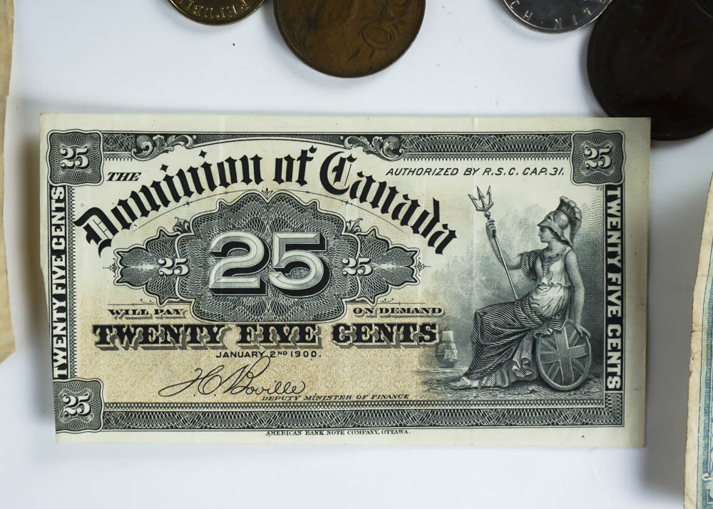 Large Assortment of Coins, Currency and Stamps