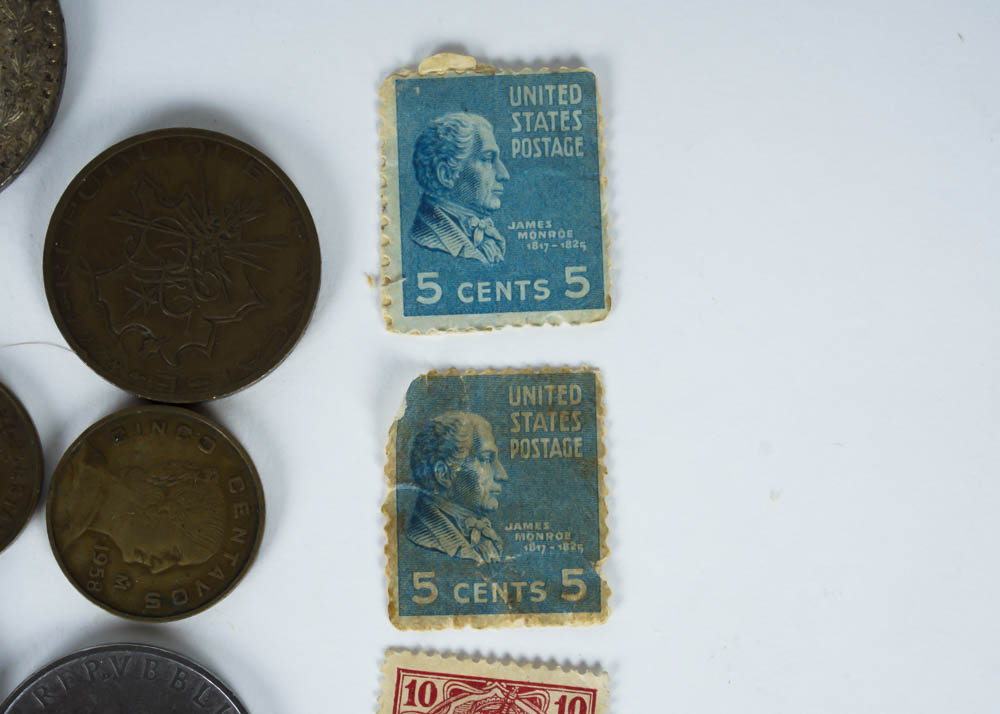 Large Assortment of Coins, Currency and Stamps