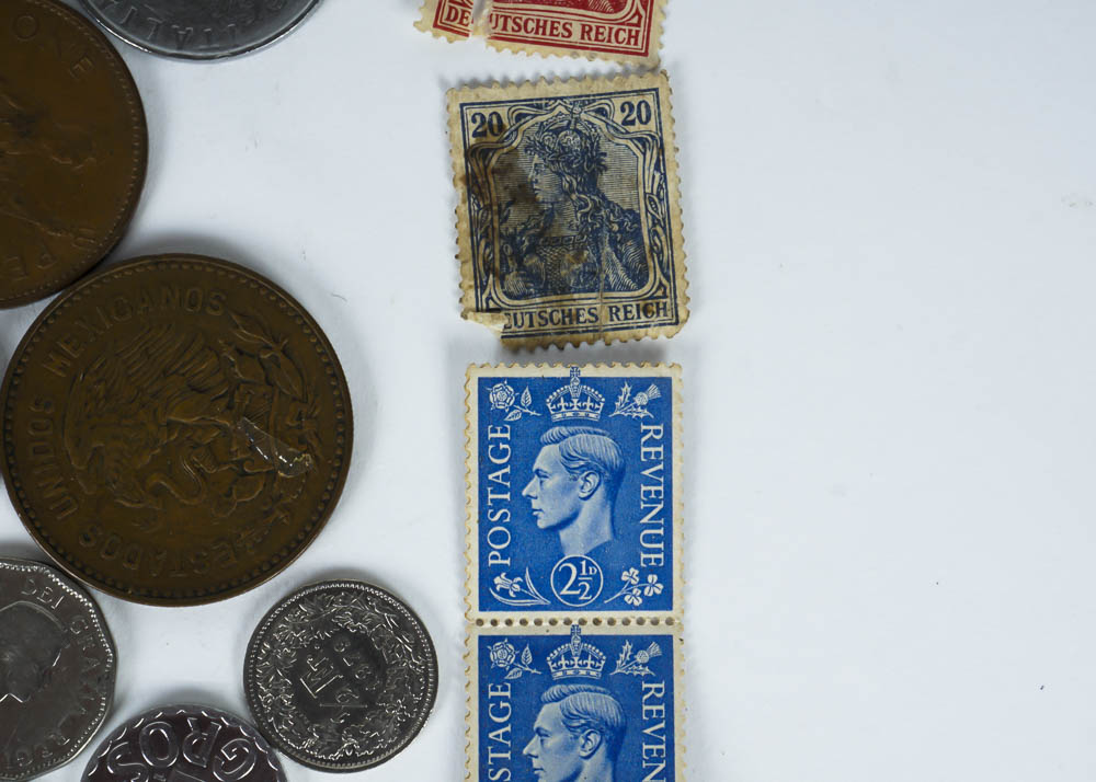 Large Assortment of Coins, Currency and Stamps