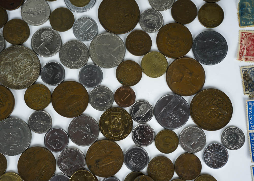 Large Assortment of Coins, Currency and Stamps