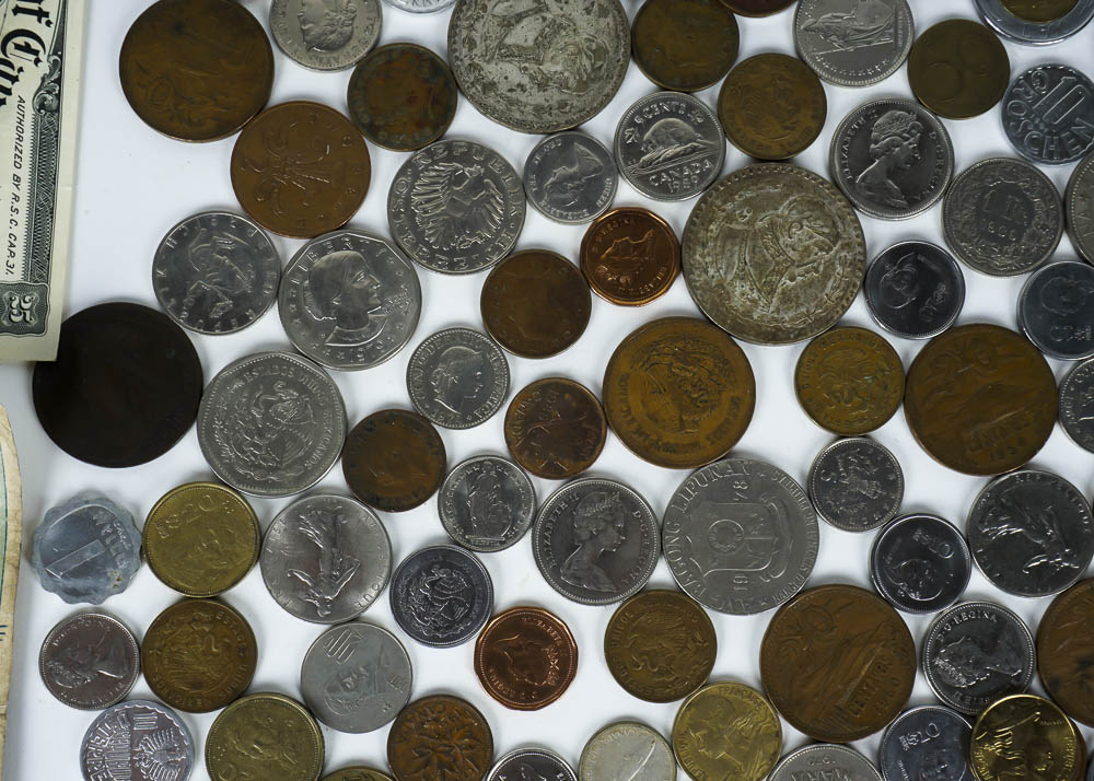 Large Assortment of Coins, Currency and Stamps