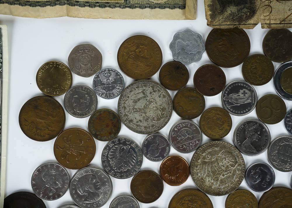 Large Assortment of Coins, Currency and Stamps