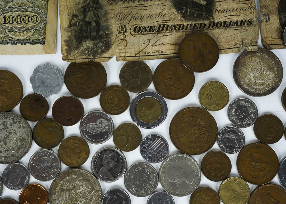 Large Assortment of Coins, Currency and Stamps