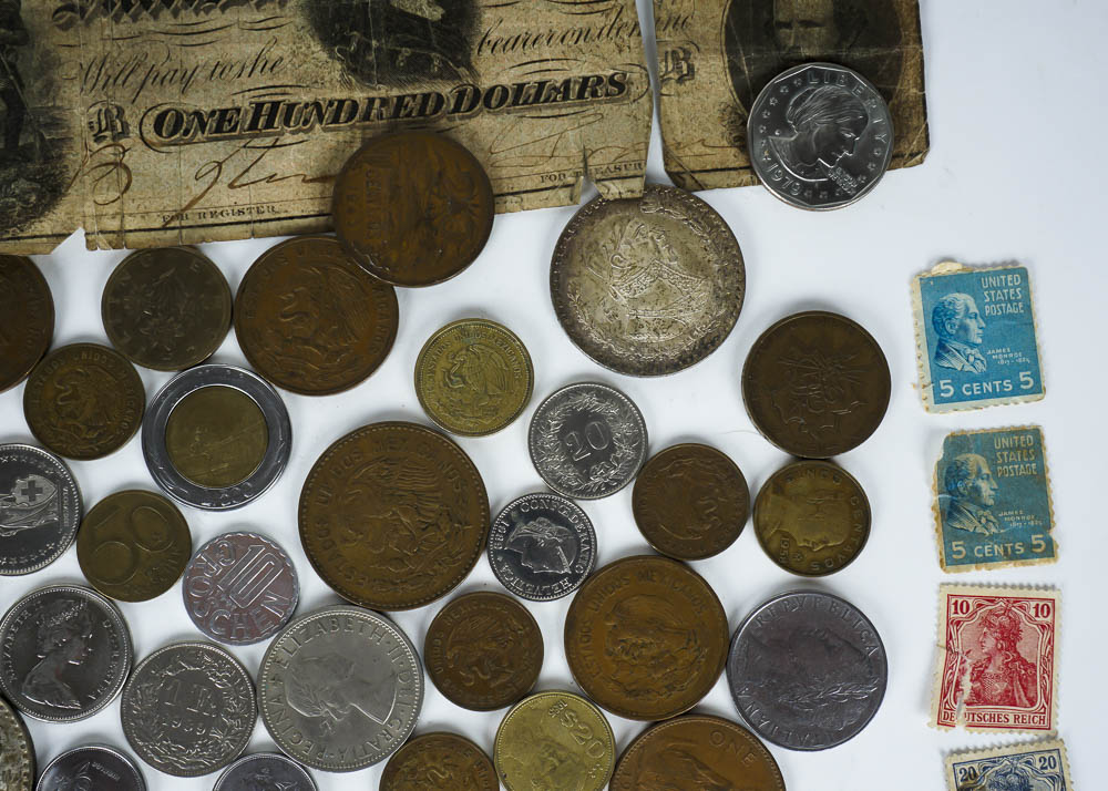 Large Assortment of Coins, Currency and Stamps