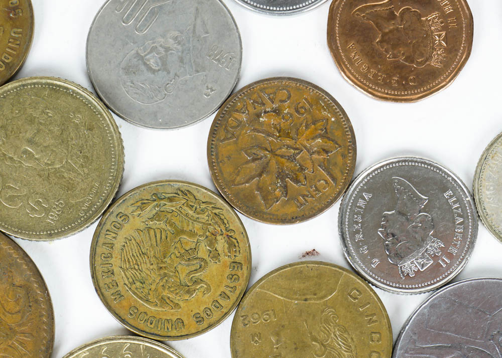 Large Assortment of Coins, Currency and Stamps