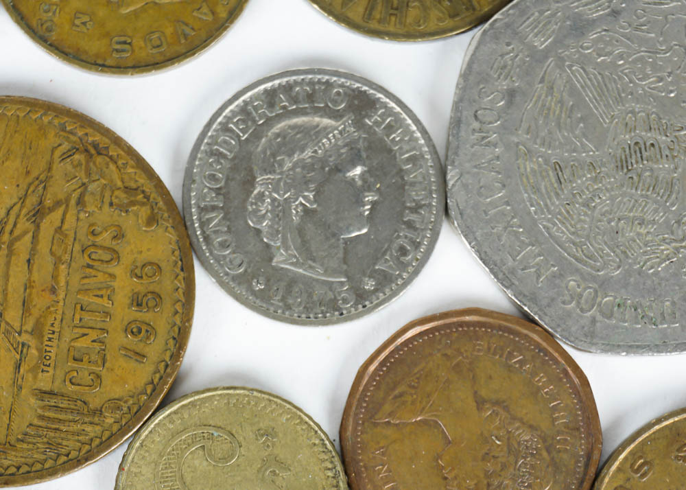 Large Assortment of Coins, Currency and Stamps