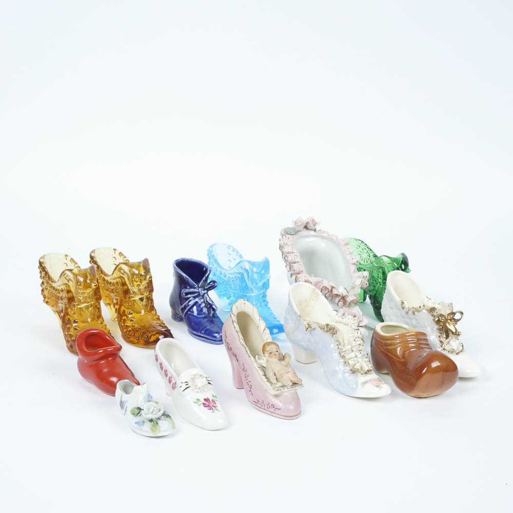 Collection of Glass and Ceramic Shoe Figurines