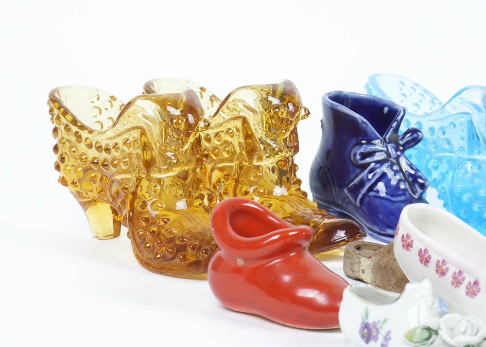 Collection of Glass and Ceramic Shoe Figurines