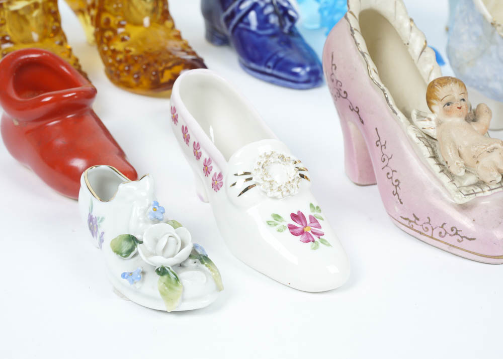 Collection of Glass and Ceramic Shoe Figurines