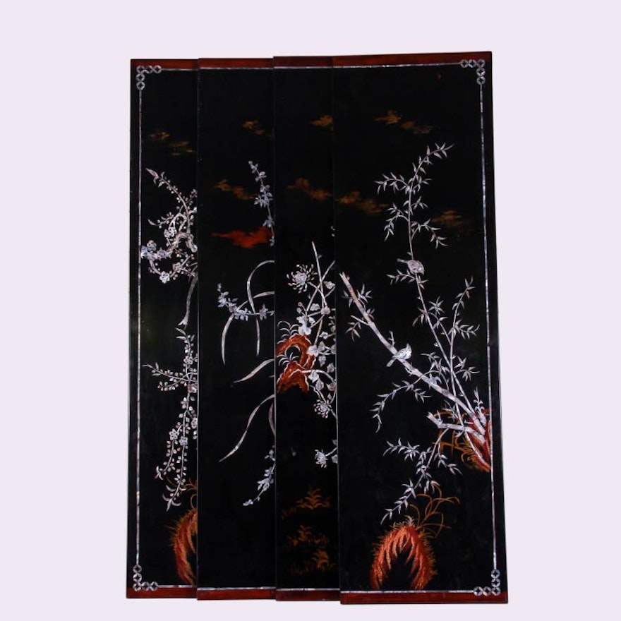 Four Chinese Black Lacquer Wood Wall Art Panels