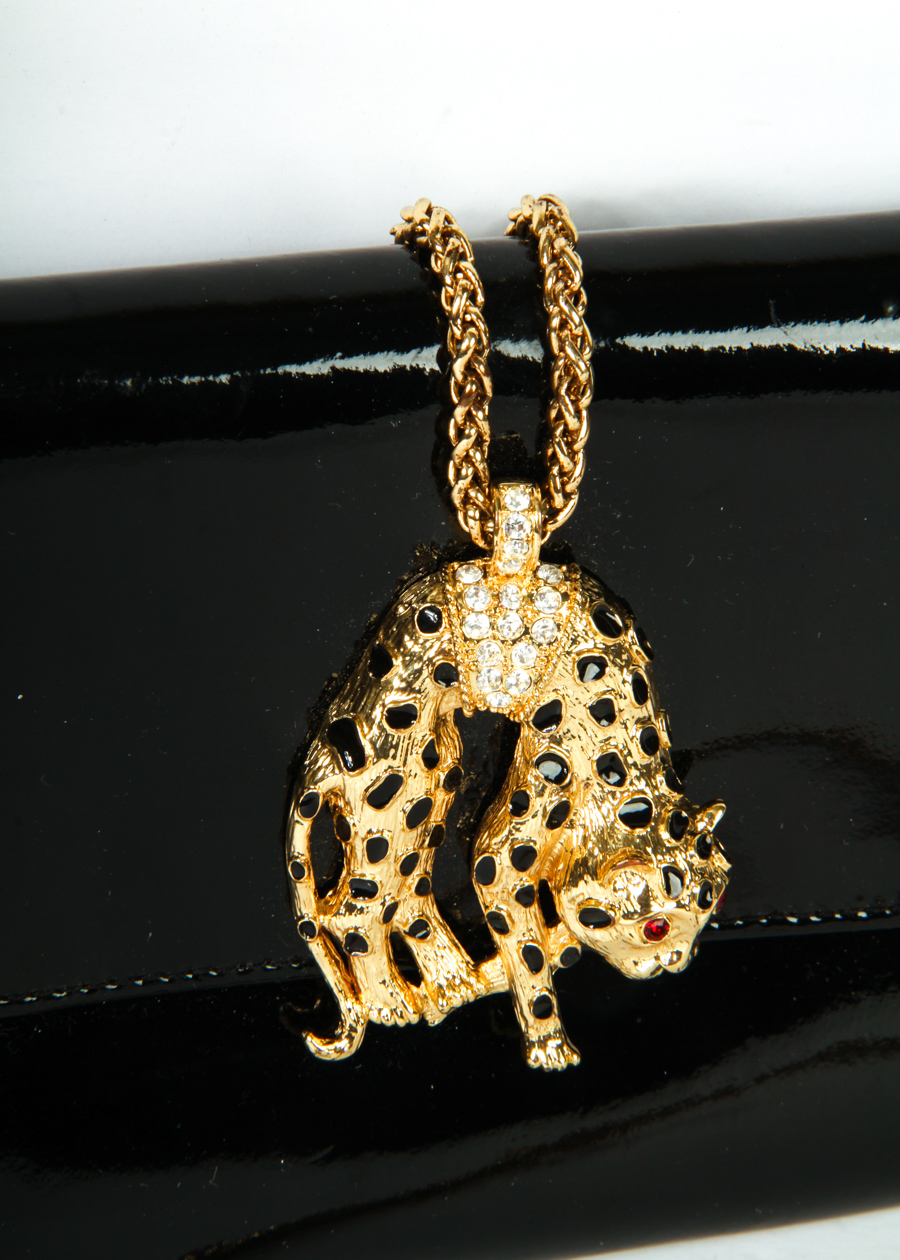 Kenneth Jay Lane Black Patent Leather Clutch with Cheetah Closure