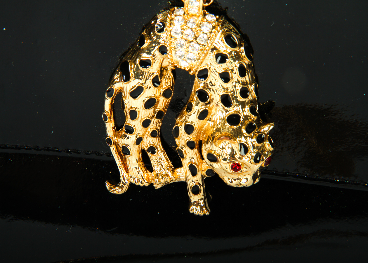 Kenneth Jay Lane Black Patent Leather Clutch with Cheetah Closure