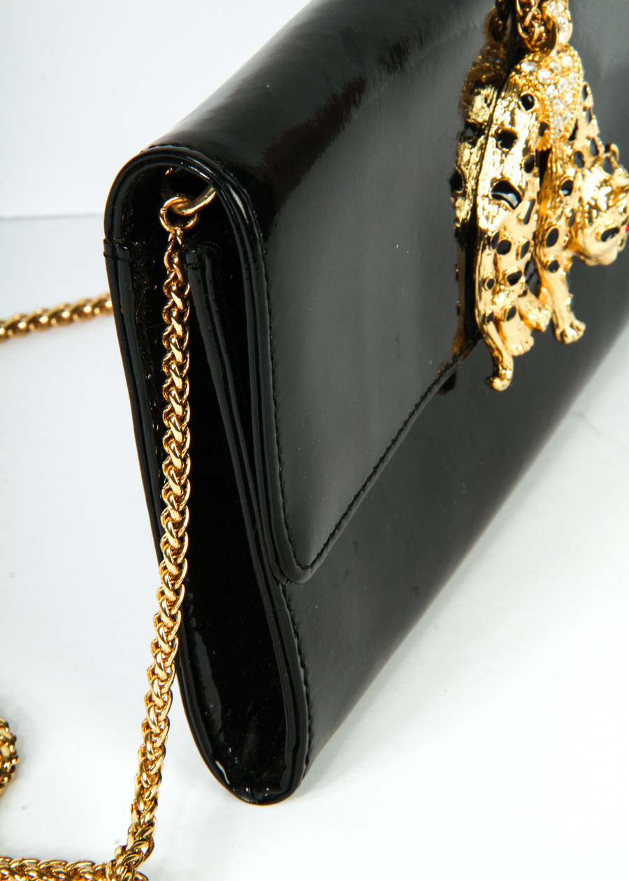 Kenneth Jay Lane Black Patent Leather Clutch with Cheetah Closure