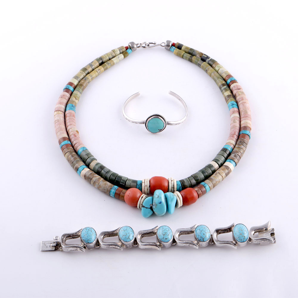 Vintage Turquoise Bracelets and Beaded Necklace