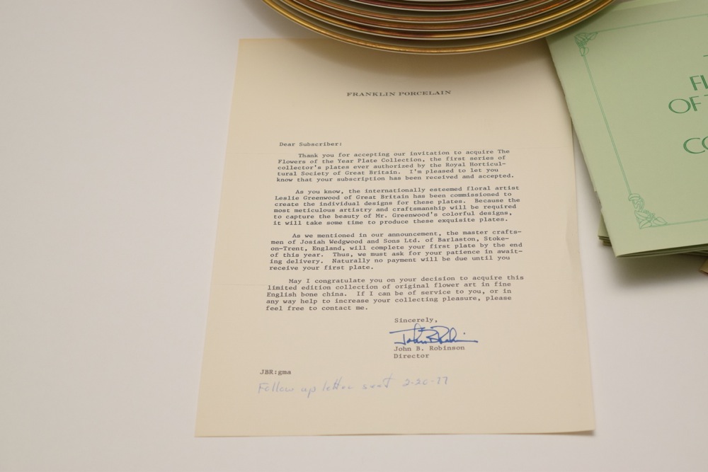 Complete 1977 Franklin Porcelain Flowers of the Year Bone China Plate Collection