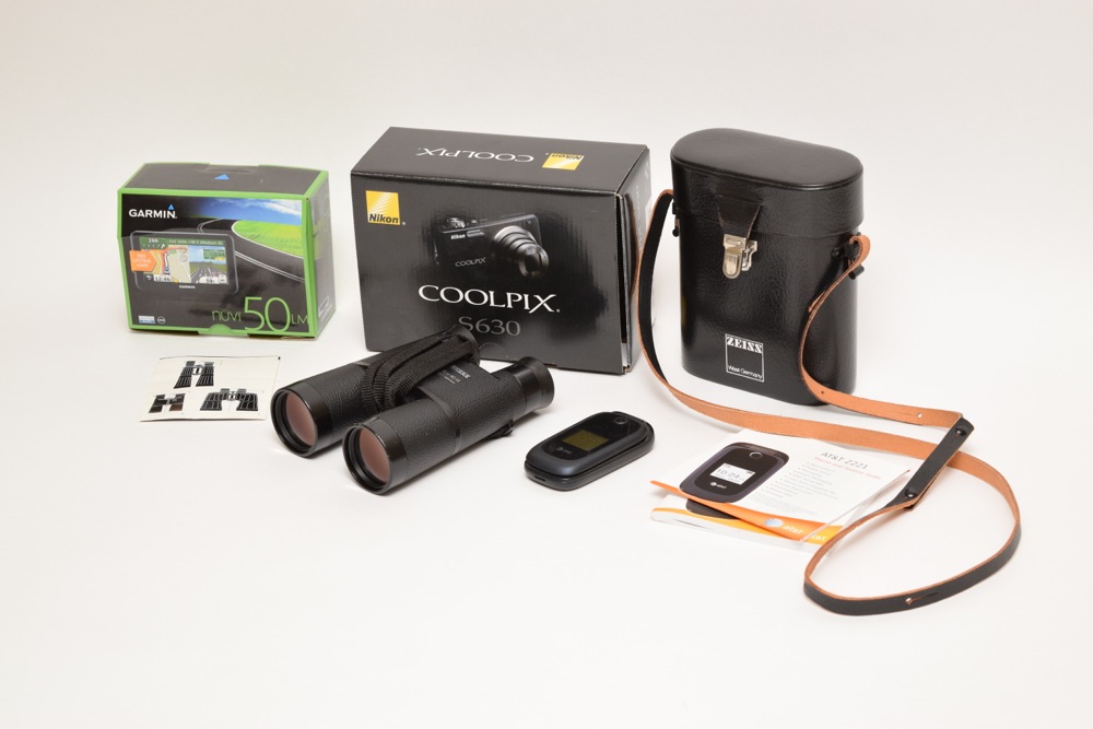 Zeiss W. Germany Binoculars, Garmin, Camera and Cellular Phone