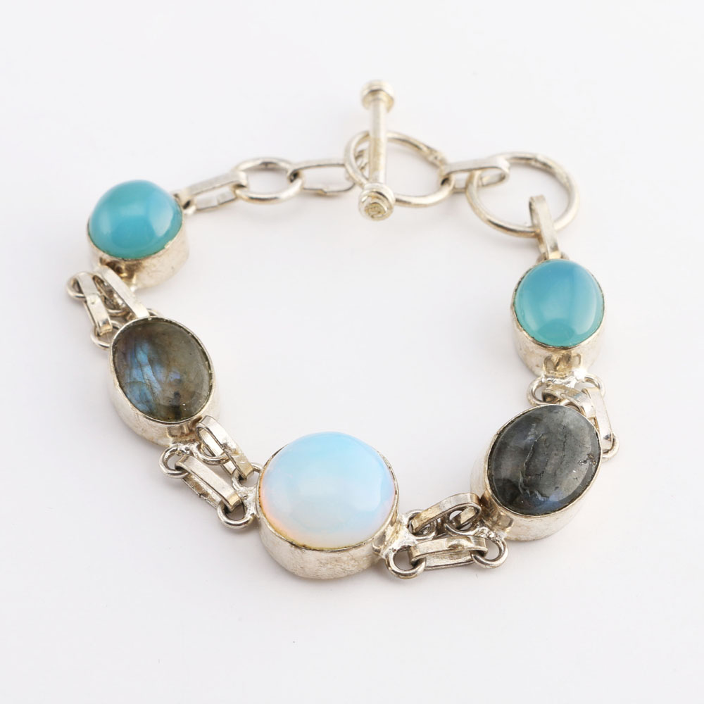 Silver Tone Link Bracelet with Semi Precious Stones