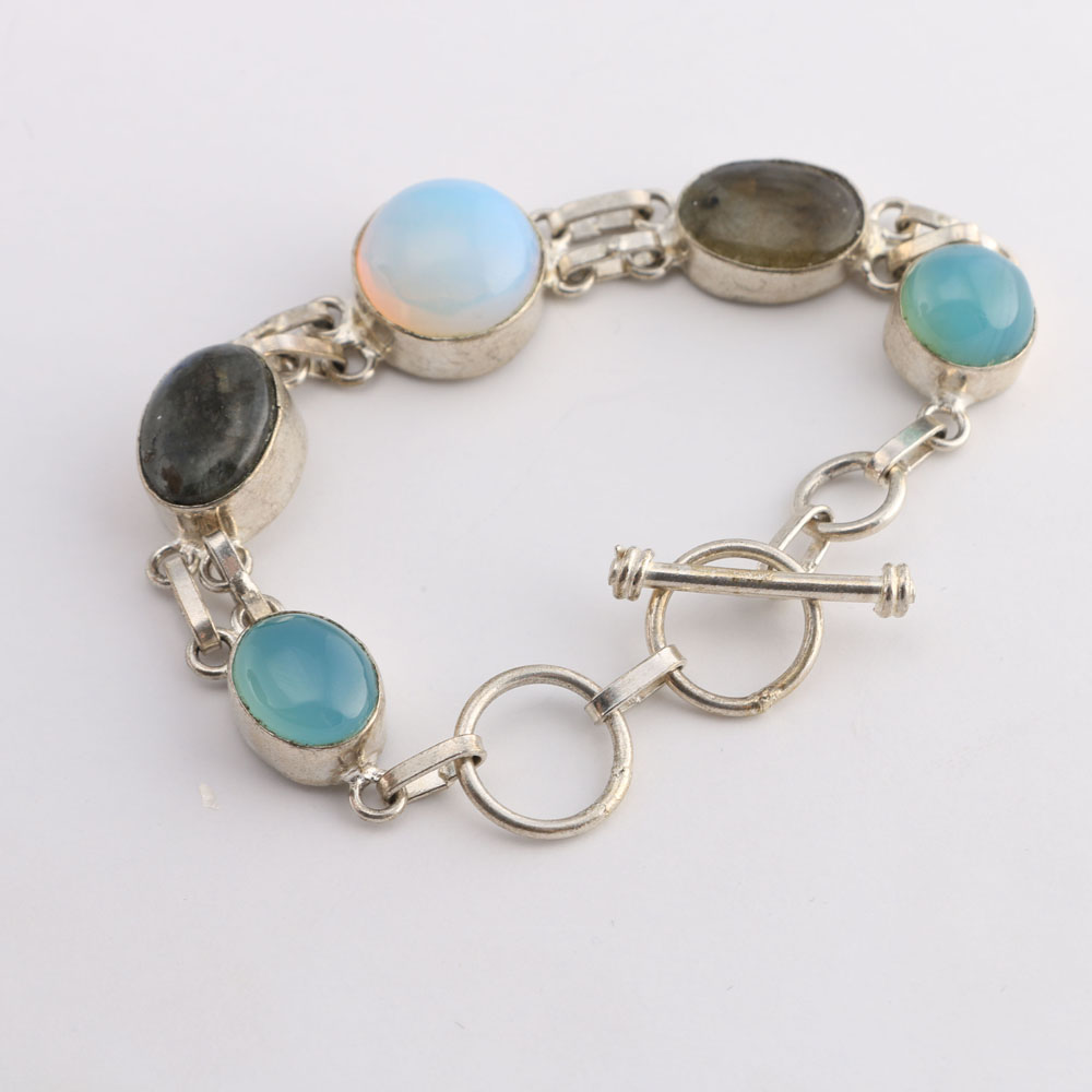 Silver Tone Link Bracelet with Semi Precious Stones