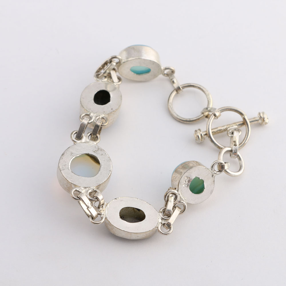 Silver Tone Link Bracelet with Semi Precious Stones