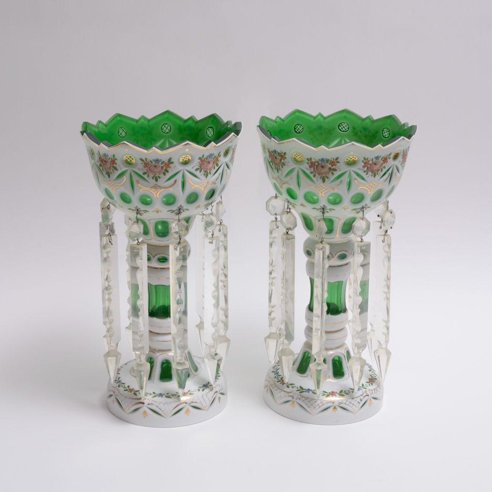 Vintage Bohemian White Cut to Green Mantle Lusters