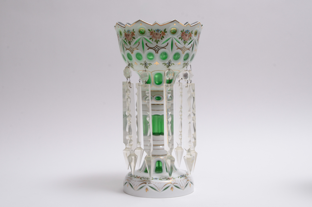 Vintage Bohemian White Cut to Green Mantle Lusters