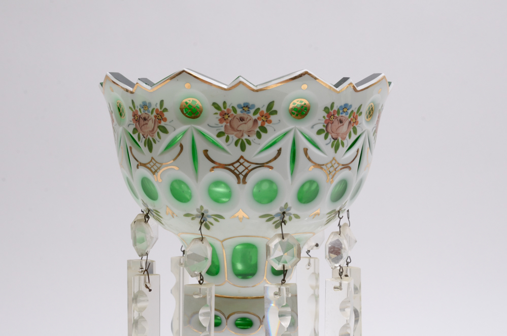 Vintage Bohemian White Cut to Green Mantle Lusters