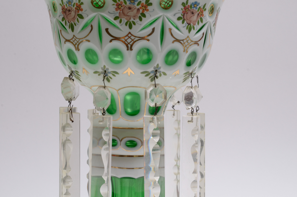 Vintage Bohemian White Cut to Green Mantle Lusters