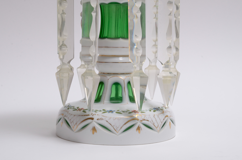 Vintage Bohemian White Cut to Green Mantle Lusters