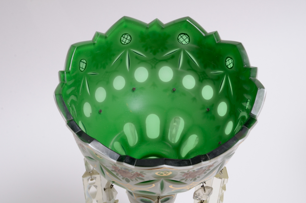 Vintage Bohemian White Cut to Green Mantle Lusters