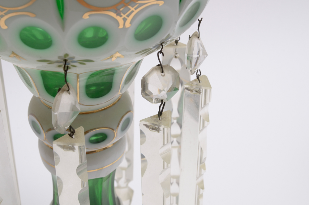 Vintage Bohemian White Cut to Green Mantle Lusters