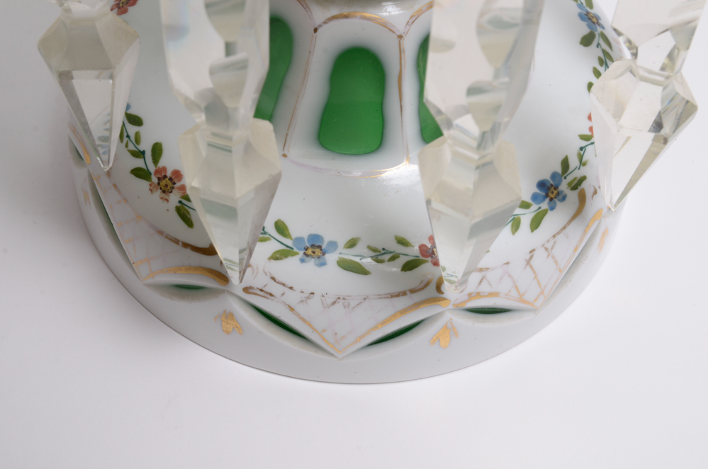 Vintage Bohemian White Cut to Green Mantle Lusters