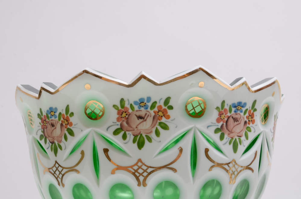 Vintage Bohemian White Cut to Green Mantle Lusters