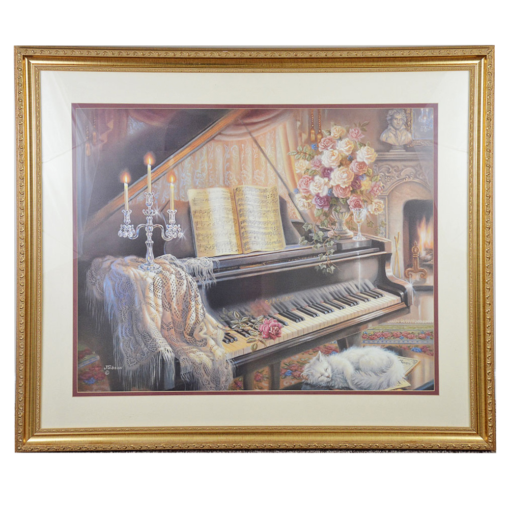 Framed Print of an Interior Scene with Piano by J. Gibson
