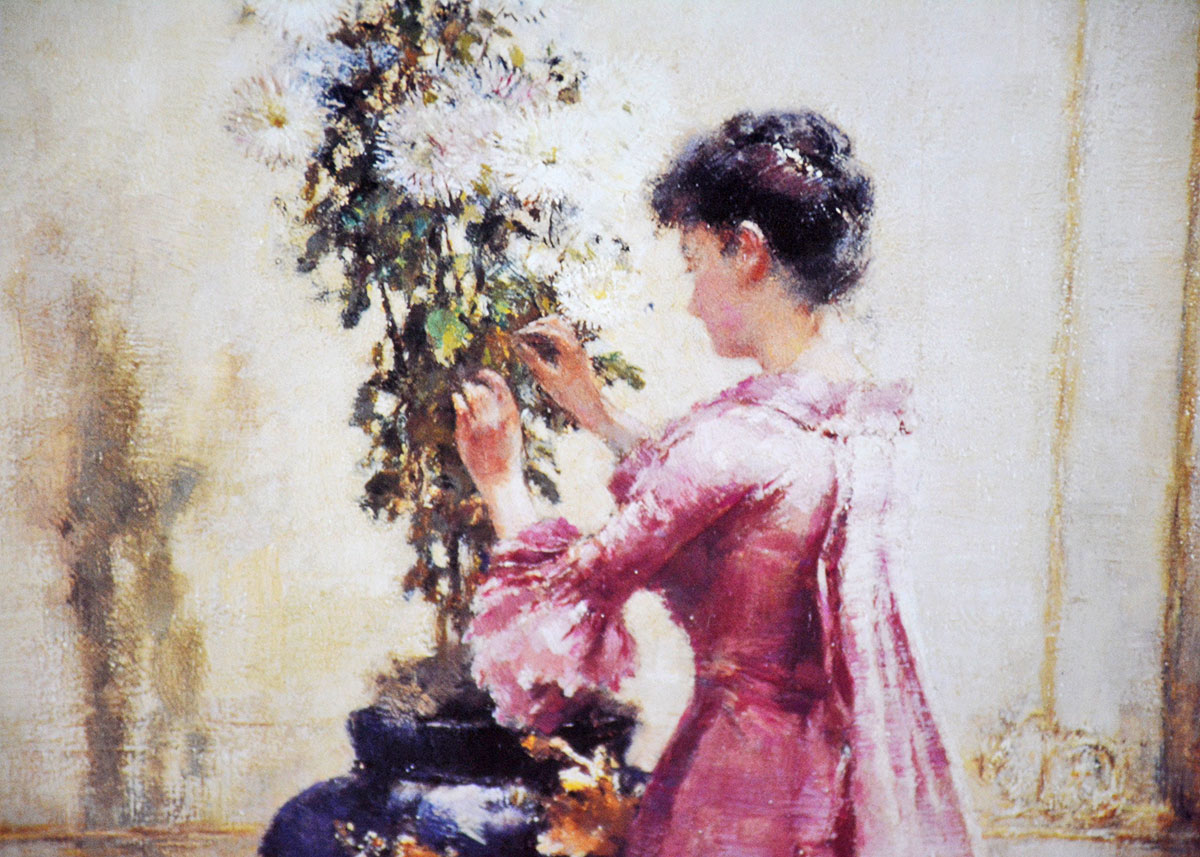 Eugene Joors Offset Lithograph "Woman with Chrysanthemums"